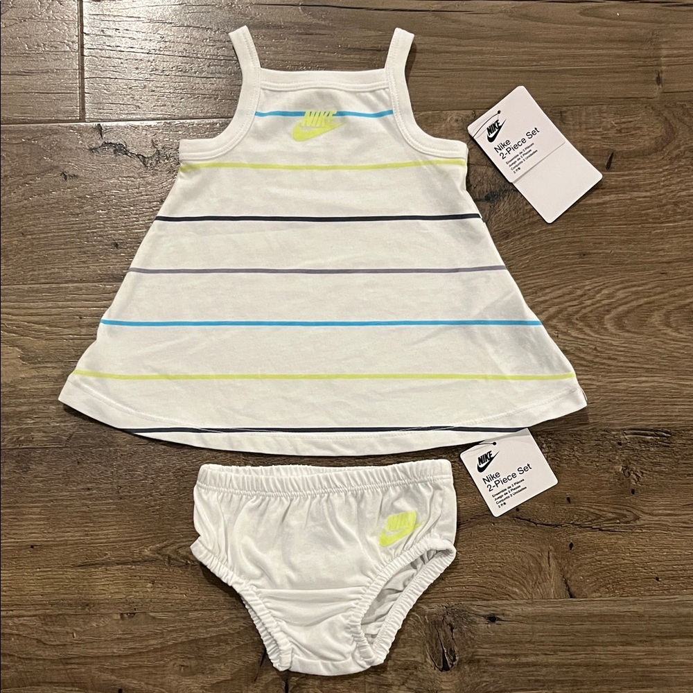 Nike White and Blue Striped Baby Dress Set